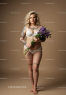Confident Blonde Woman in White Lingerie Holding Lavender Flowers