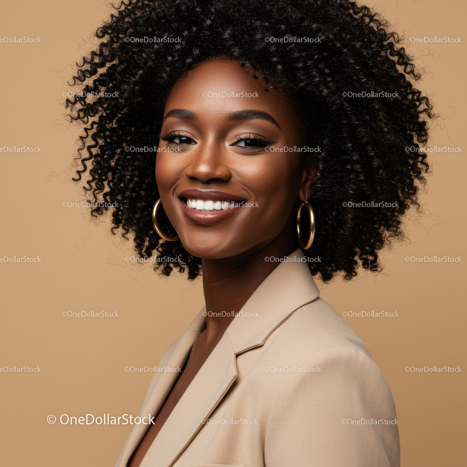 Elegant African American Woman with Curly Hair and Bright Smile