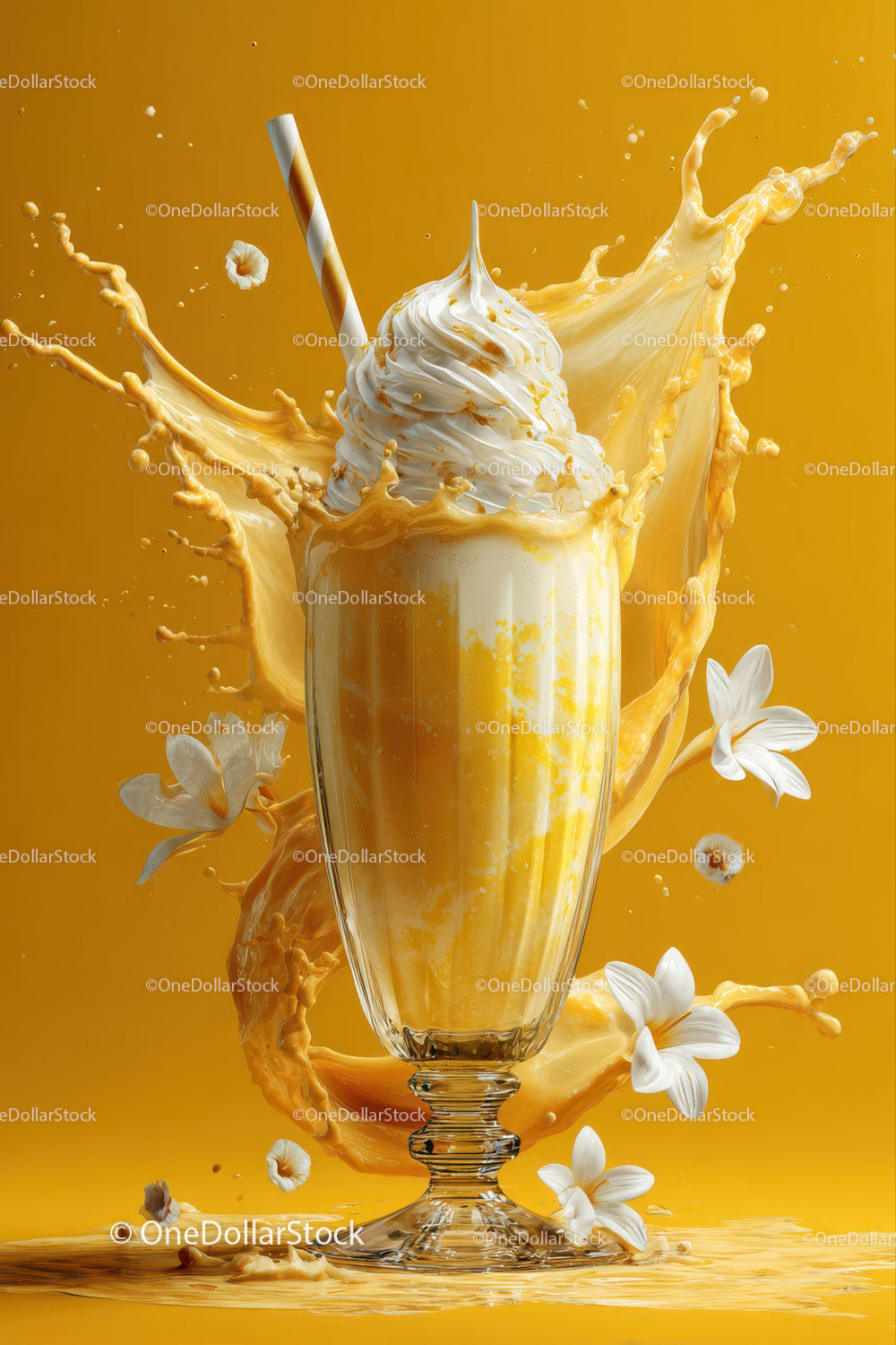 Vanilla Milkshake with Splash in Elegant Glass on Yellow Background