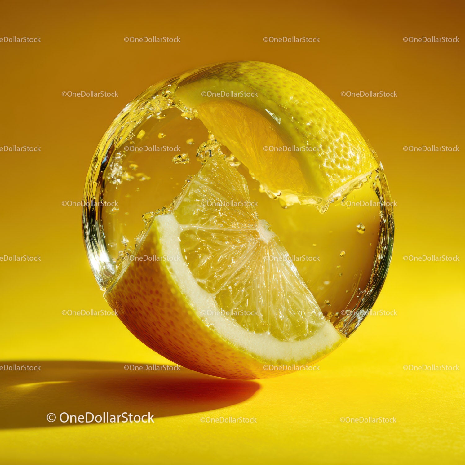 Lemon Slice in Water with Bright Yellow Background