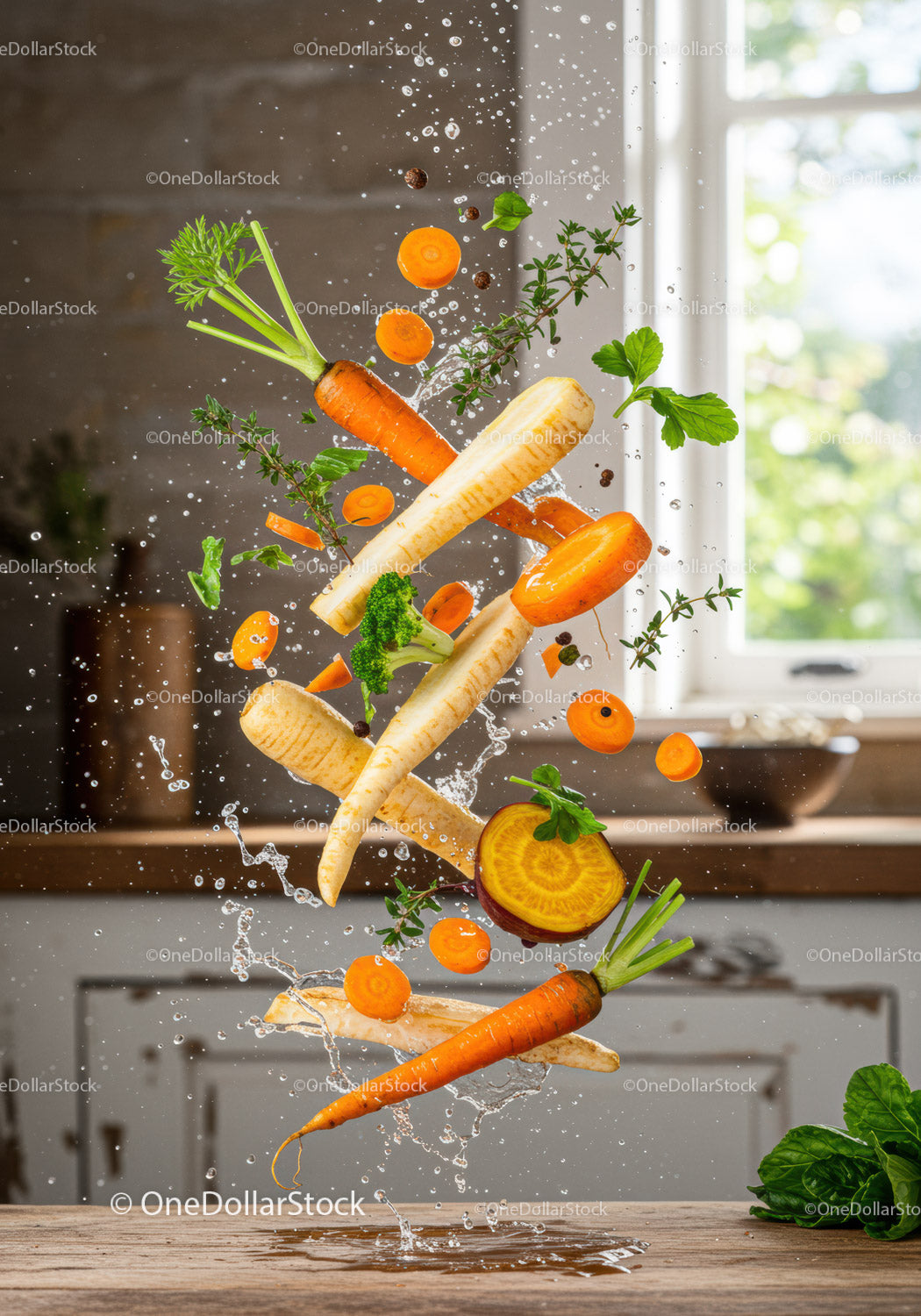 Fresh carrots and herbs splashing in kitchen light