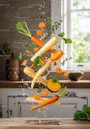 Fresh carrots and herbs splashing in kitchen light