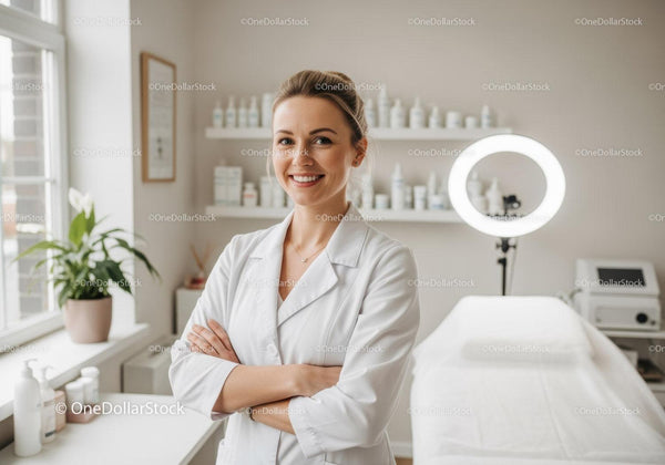Smiling Female Healthcare Professional in Modern Skincare Clinic with Skincare Products