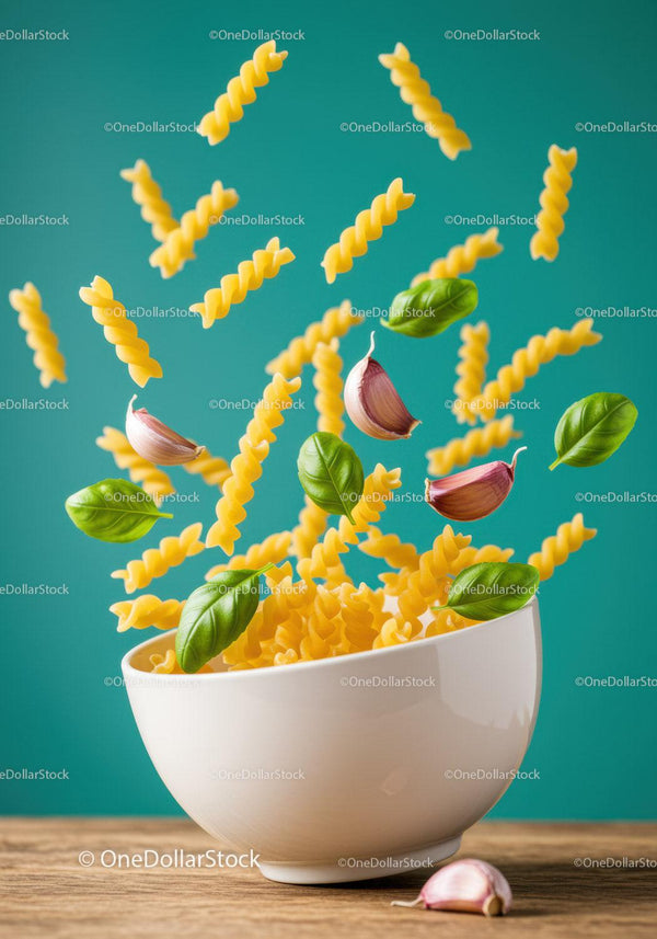 Flying fusilli pasta with garlic and fresh basil leaves