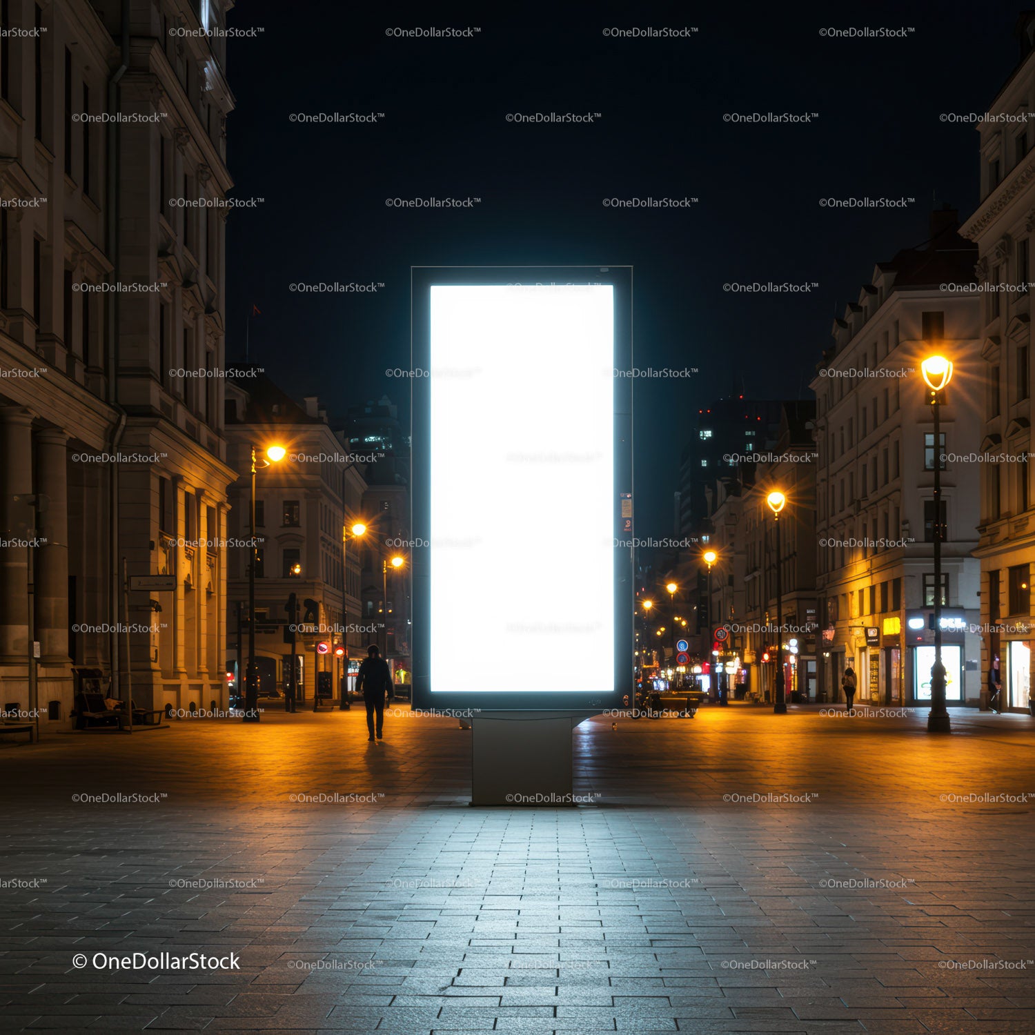Oświetlony pusty billboard na pustej ulicy miasta w nocy