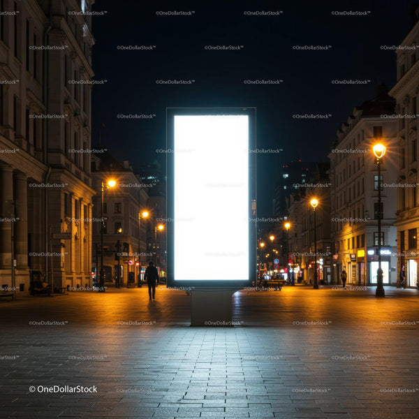 Illuminated blank billboard on empty city street at night JPG Mockup Image