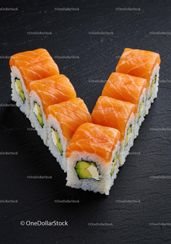 Fresh salmon sushi rolls arranged in V shape on black slate
