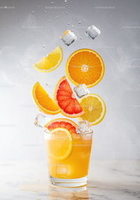 Refreshing Citrus Cocktail with Floating Fruit and Ice Cubes