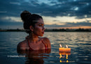 Woman in Black Bikini with Candles Floating in Lake at Sunset