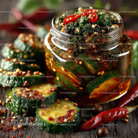 Vibrant Spicy Cucumber Kimchi in Glass Jar with Fresh Vegetables
