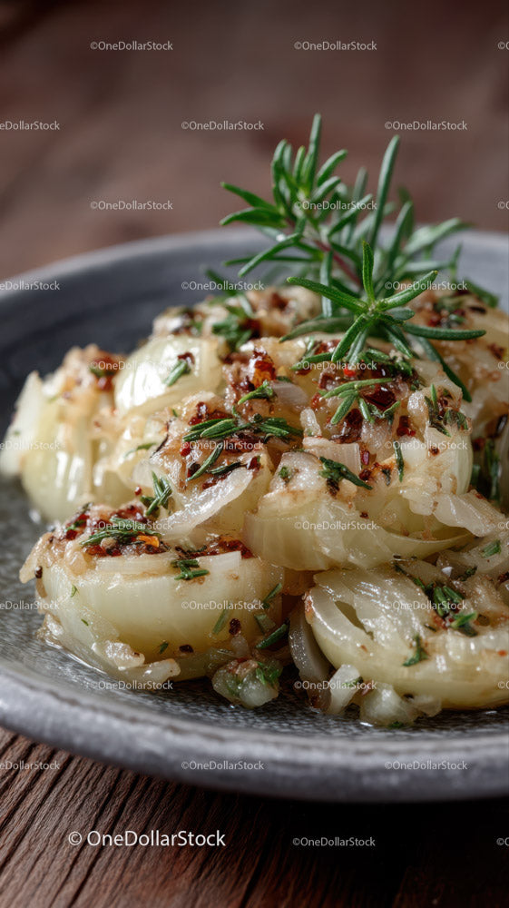 Close-up of Cooked Garlic Cloves with Herbs on a Rustic Plate