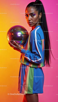 Vibrant Fashion Model Holding Disco Ball in Colorful Studio