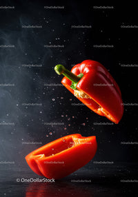 Fresh red bell pepper halves with water droplets on black