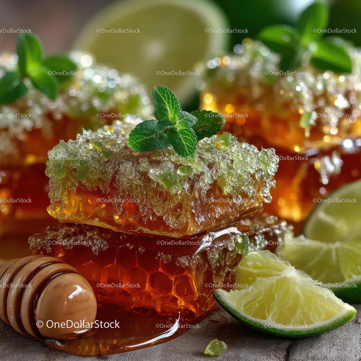 Delicious Honeycomb with Fresh Lime and Mint Leaves