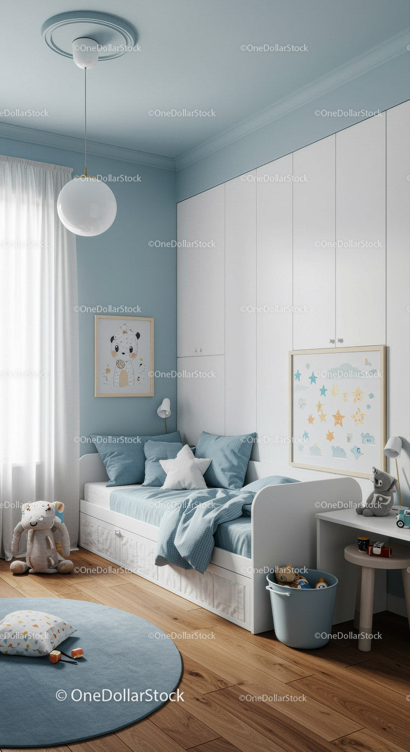 Cozy Blue Children's Bedroom with Plush Toys and Wall Art