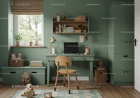 Child's Study Corner with Green Walls and Wooden Furniture