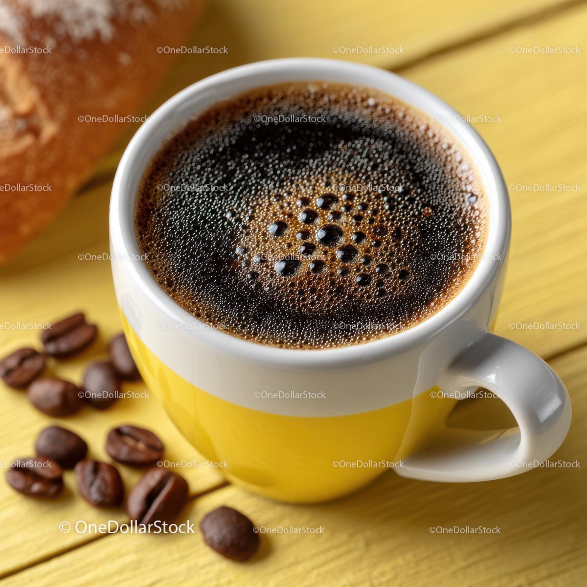 Delicious Coffee in a Yellow Mug with Freshly Baked Pastry