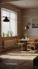 Cozy dining area with natural light and indoor plants