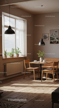 Cozy dining area with natural light and indoor plants
