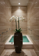 Elegant Indoor Spa with White Orchid and Beige Tiled Walls