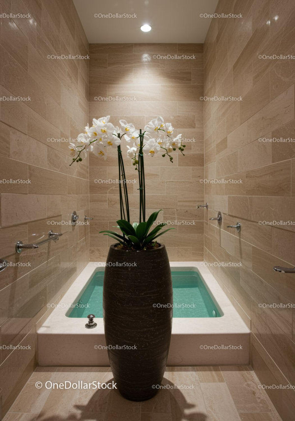 Eleganckie Spa Wewnętrzne z Białą Orchideą i Beżowymi Płytkami na Ścianach