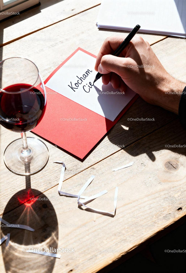 Man writing romantic note with red wine on wooden table