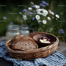 Outdoor Picnic with Fresh Baked Bread and Honey Jars in Sunlight