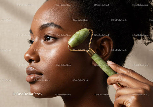 Black Woman Using Jade Roller for Facial Skincare and Relaxation