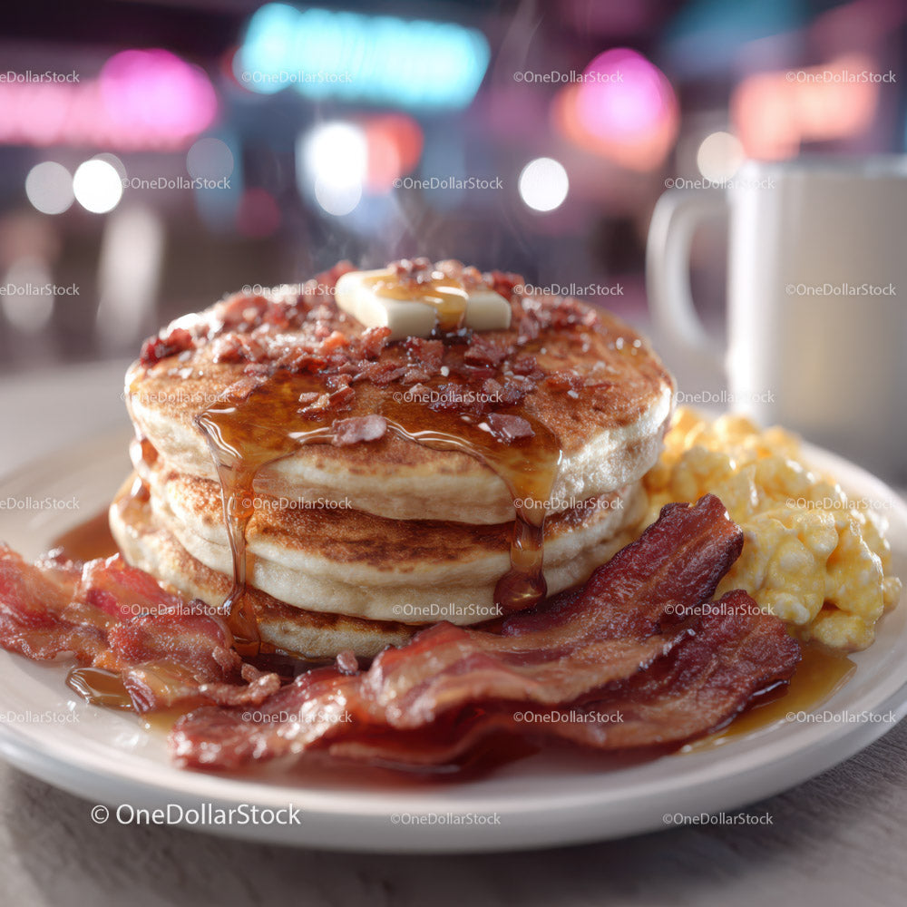 Stack of Fluffy Pancakes with Syrup Bacon and Eggs for Breakfast