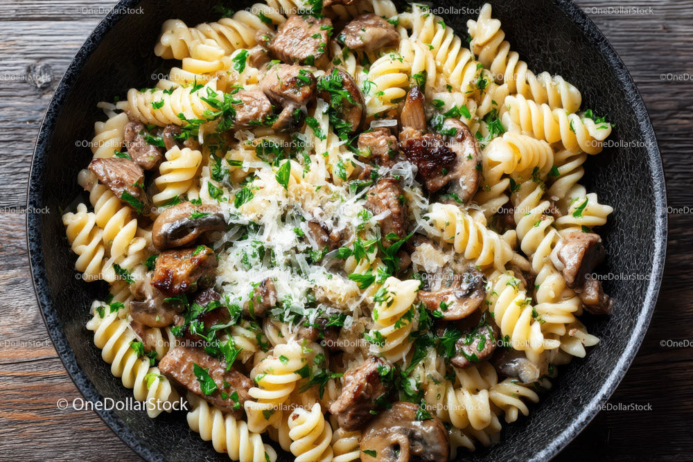 Beef Stroganoff with Mushrooms and Fettuccine on Wooden Table