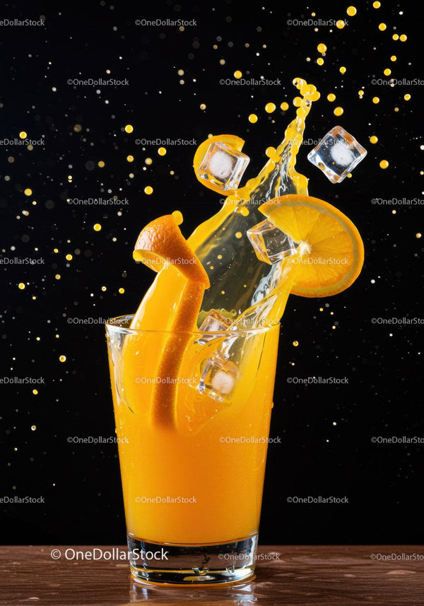 Refreshing orange juice splash with ice cubes and slice