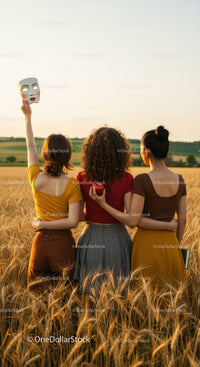 Women Holding Apple in Wheat Field in Sunset Light