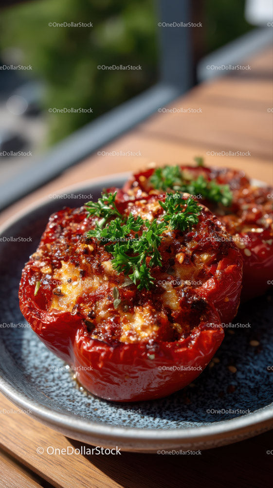 Stuffed Red Peppers Filled with Cheese and Herbs on a Black Plate