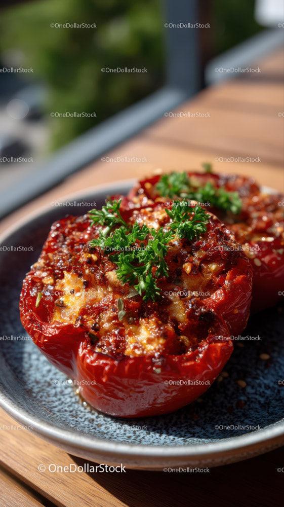Stuffed Red Peppers Filled with Cheese and Herbs on a Black Plate