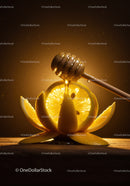 Honey dripping on sliced lemon petals with warm glow