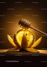 Honey dripping on sliced lemon petals with warm glow