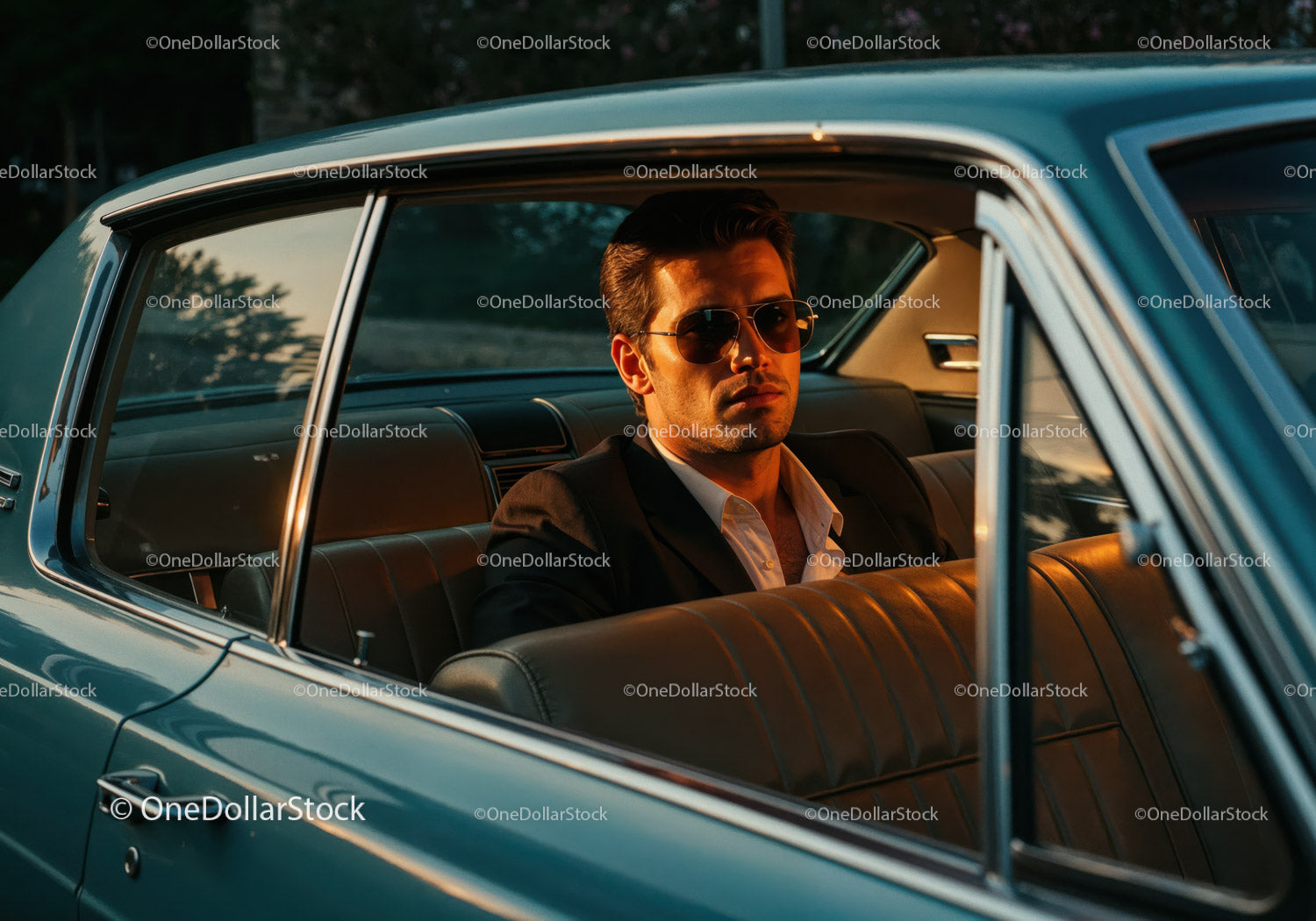 Stylish Man in Sunglasses Driving Vintage Car in Sunset Light