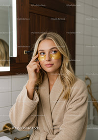 Young Woman Wearing Gold Eye Patches in Modern Bathroom