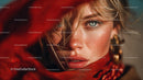 Glamorous Blonde Woman with Blue Eyes Wearing Red Scarf in Studio
