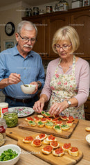 Elderly couple preparing fresh bruschetta at home kitchen