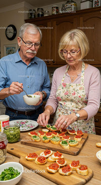 Elderly couple preparing fresh bruschetta at home kitchen
