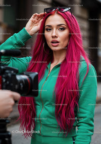 Vibrant Red Hair Woman in Green Tracksuit with Sunglasses in City