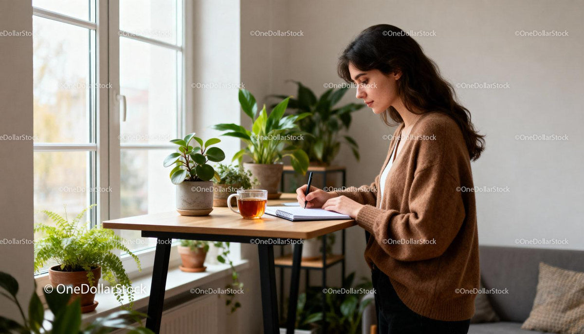 Young woman writing notes by window in cozy home