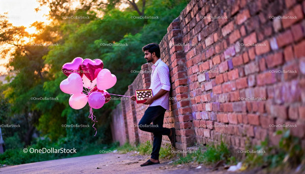 Man holding heart-shaped balloons and chocolates outdoors