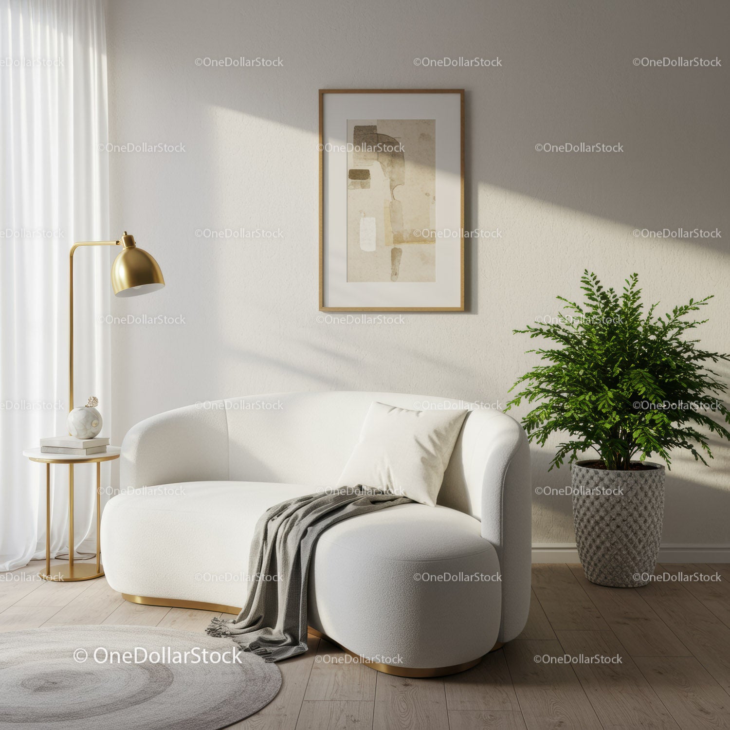 Przytulna biała sofa z zieloną rośliną w stylowym salonie