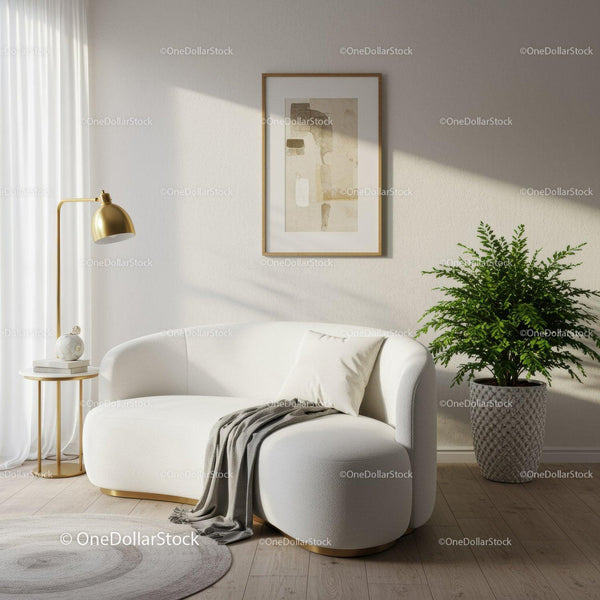 Cozy white sofa with green plant in stylish living room