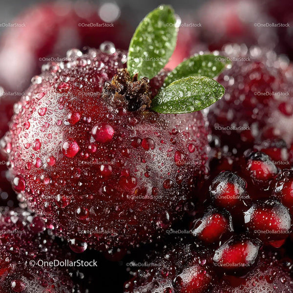 Close-up of Dew-covered Red Berries with Green Leaves