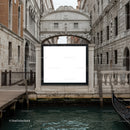 Venetian canal view with blank advertising board by bridge