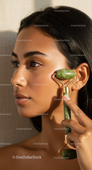 Young Woman Using Jade Roller for Facial Skincare with Calm Expression