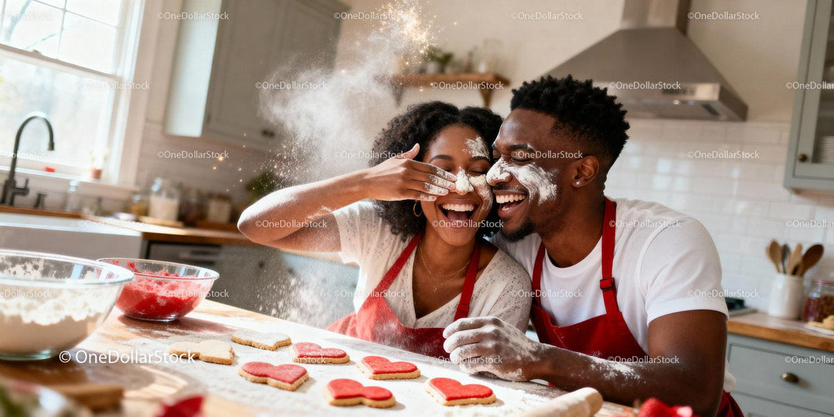 Couple playfully baking heart cookies together at home